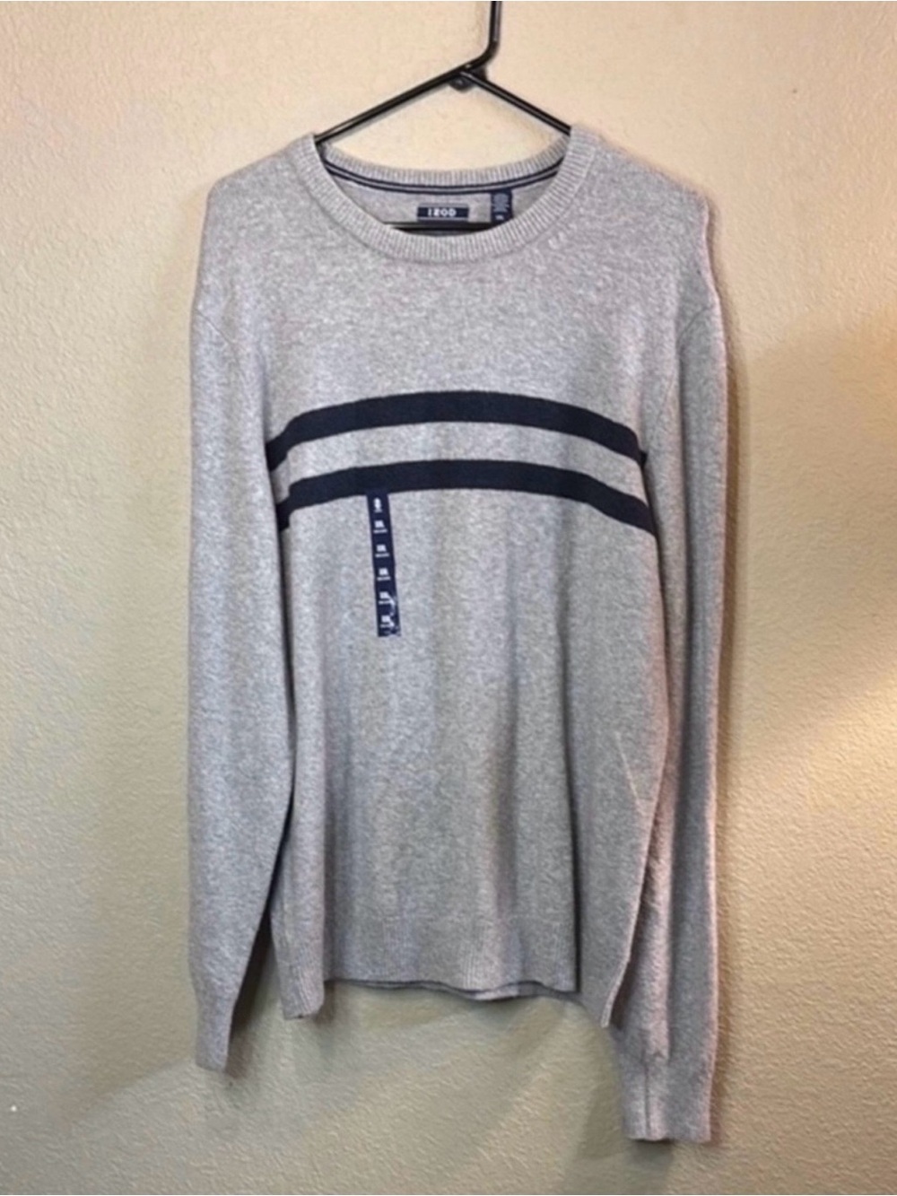 New Izod Sweater Men’s Gray With Blue Stripes Crew Neck Casual Classic Knit XXL